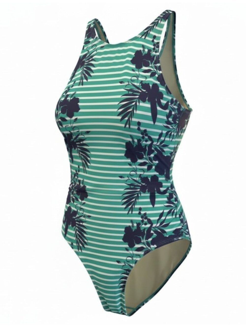 Denim & Co. Beach High-Neck One-Piece Swimsuit Spring Jade Size 12